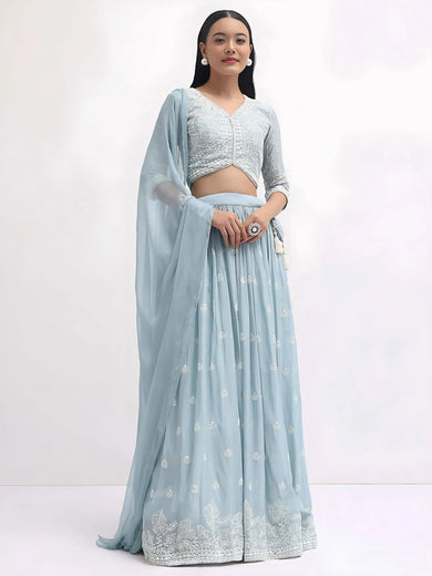 Adorable Blue Thread Embroidered Georgette Party Wear Lehenga Choli